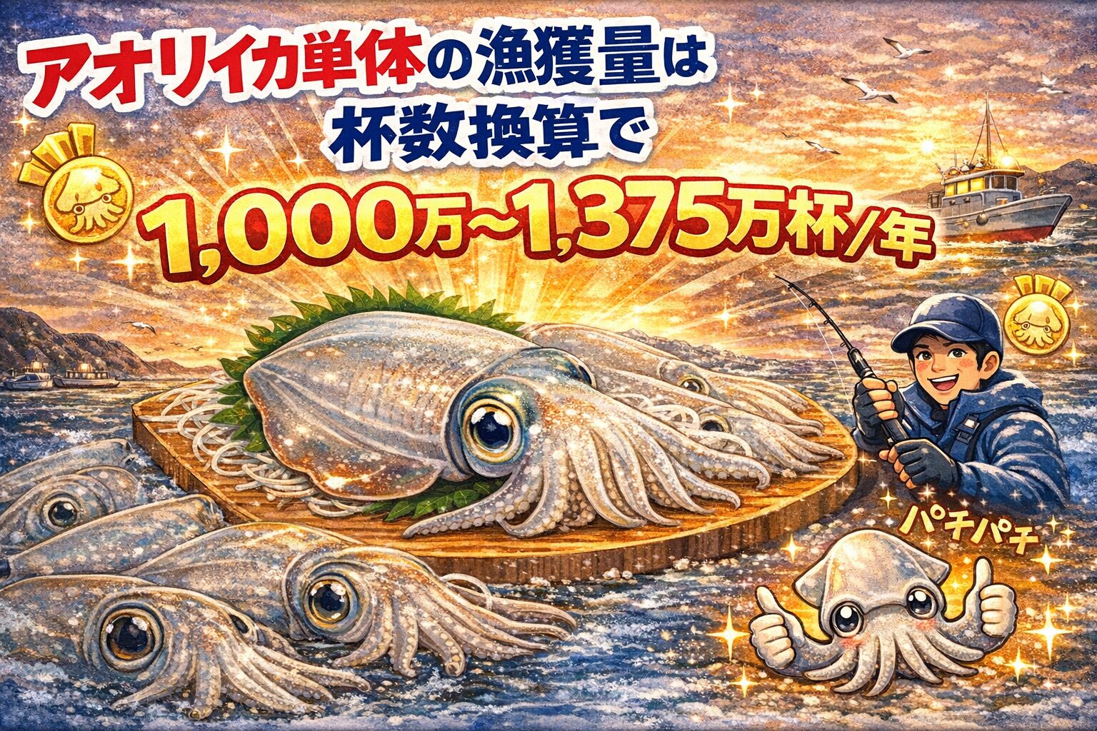 アオリイカ単体の漁獲量は杯数換算で 1,000万〜1,375万杯／年.釣太郎