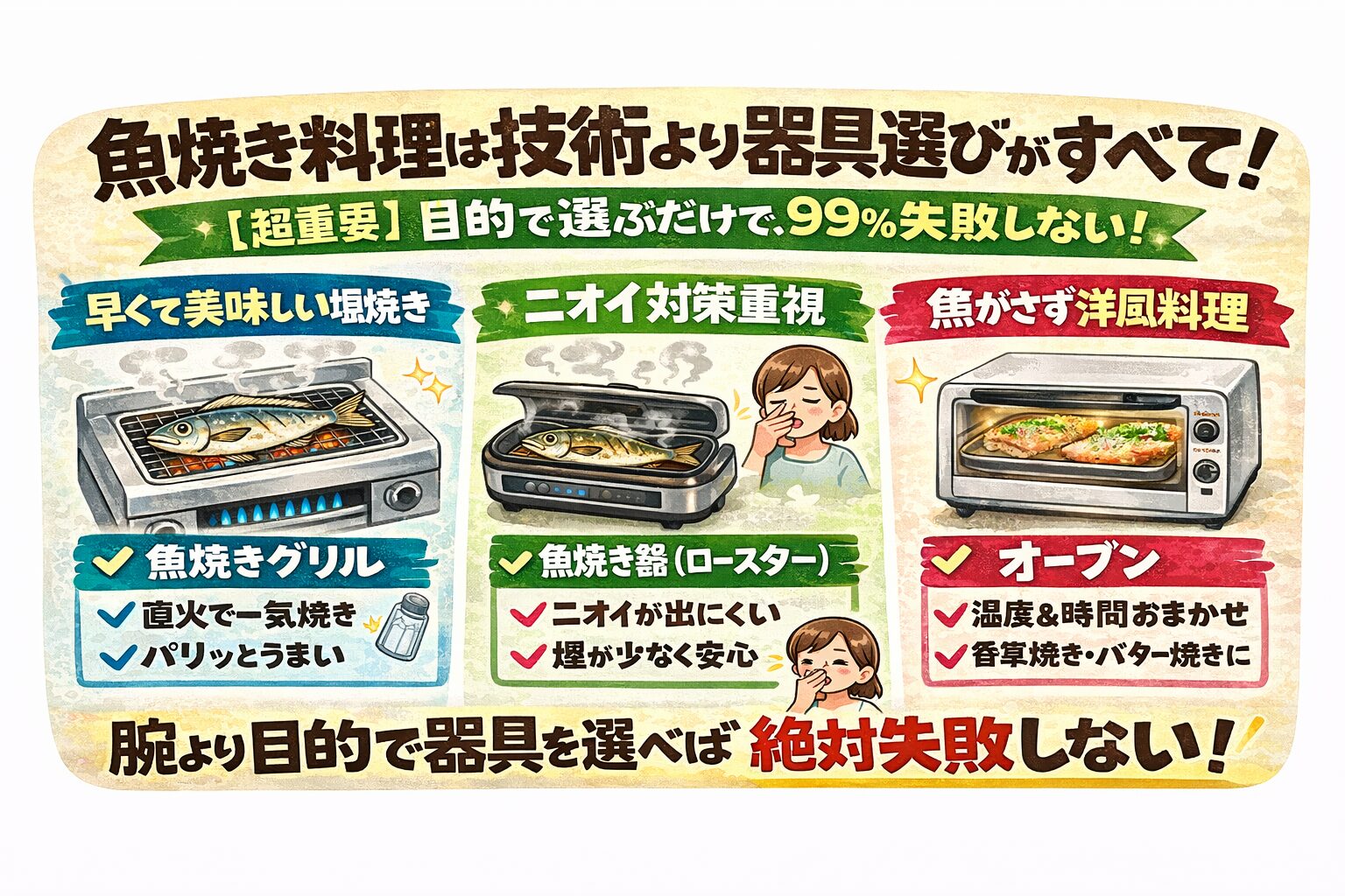 早さと旨さ重視→ 魚焼きグリル、ニオイ問題を解決したい→ 魚焼き器（ロースター） ・焦がしたくない・洋風にしたい→ オーブン.釣太郎