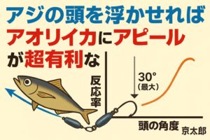 冬の南紀でアオリイカを釣るには、アジの頭角度を30度前後に保つことが最も効果的。 その姿勢は「弱った獲物」として認識される。釣太郎