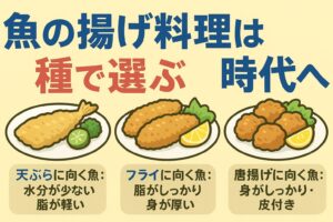 魚の揚げ料理は“科学的に選ぶ”と美味しさが跳ね上がる。繊細な白身 → 天ぷら。脂が多い魚 → フライ。皮や骨の旨味を活かす → 唐揚げ。釣太郎