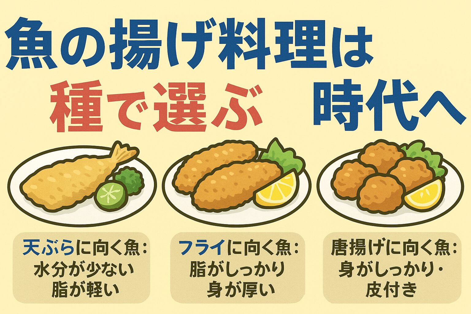 魚の揚げ料理は“科学的に選ぶ”と美味しさが跳ね上がる。繊細な白身 → 天ぷら。脂が多い魚 → フライ。皮や骨の旨味を活かす → 唐揚げ。釣太郎