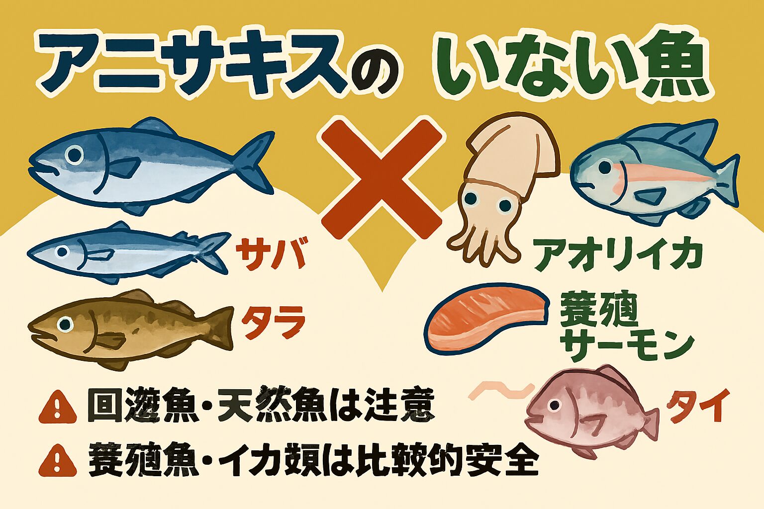 魚選びでアニサキス対策は可能！天然魚＝危険ではないが、リスクはある。養殖・淡水・イカ類は比較的安全 。魚種・漁獲場所・サイズ・鮮度でリスクは変動する.釣太郎