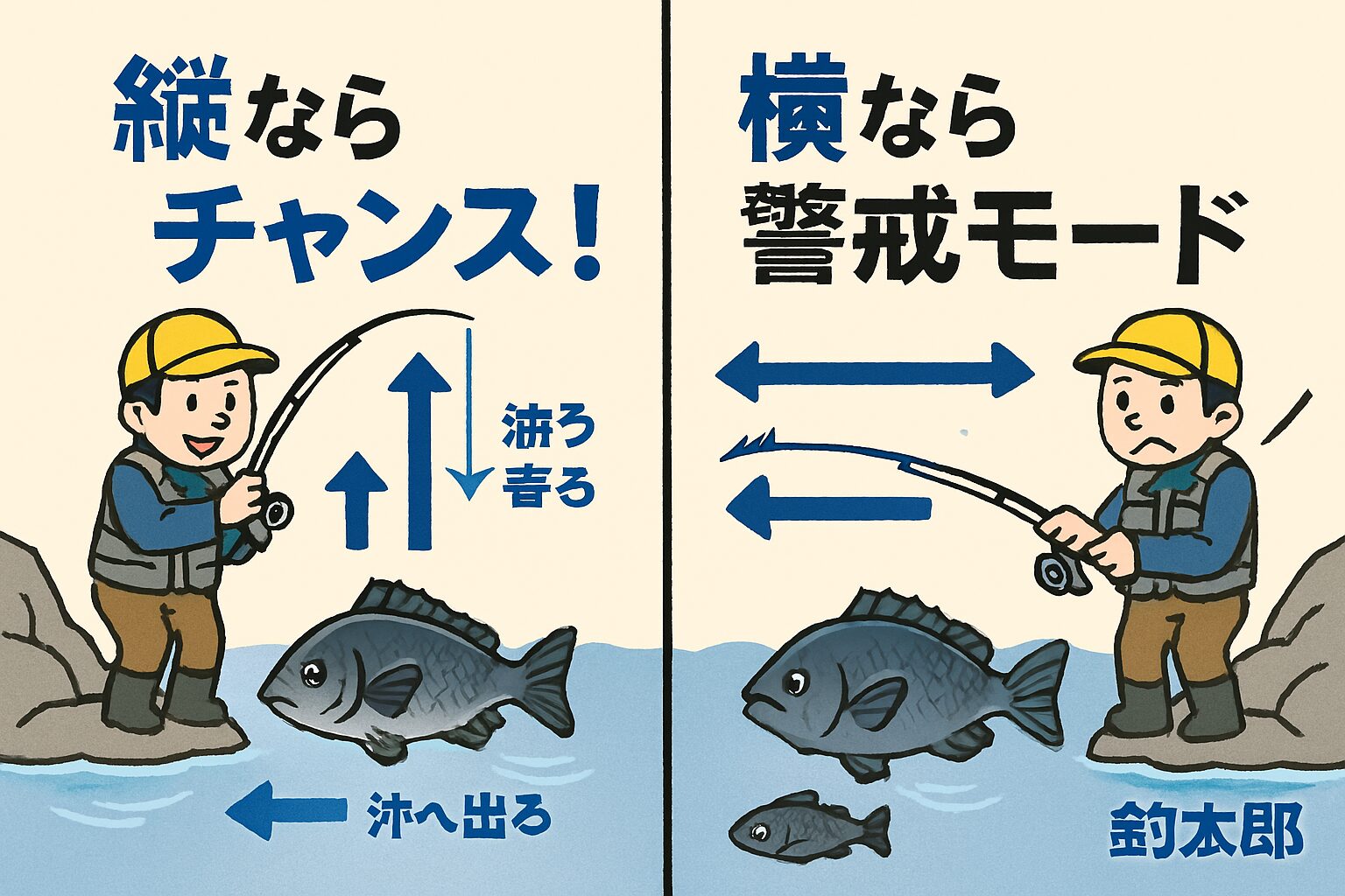 寒グレ釣り、縦の潮（沖へ出る・手前へ寄る）＝チャンス。積極的に攻めるべき状況。 横の潮（左右へ流れる）＝警戒モード。仕掛け・流し方を極限まで繊細に。釣太郎