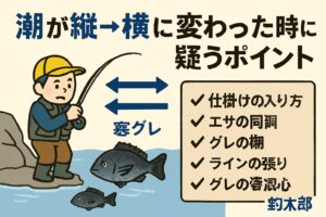 寒グレの習性を理解すると釣果が安定する。 水温が低いと行動範囲が狭くなる。強い流れを嫌う。深場を好む 。エサの違和感に敏感になる。釣太郎