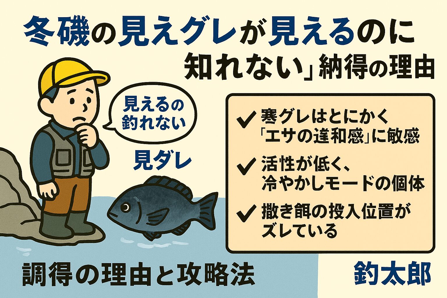 寒グレは「見えても釣れない」が当たり前 見えているグレ＝釣れるグレではない。むしろ、見えているグレは警戒個体食うグレは中層〜底層同調・細ハリス・潮読みが最重要.釣太郎
