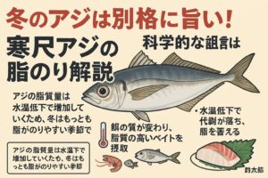 南紀の“寒尺アジ”が今アツい理由。南紀は黒潮の影響で水温変化が緩やかですが、冬はしっかり冷え込みます。 そのため、身が締まる 、脂がのる、大型化しやすい（尺超え）釣太郎
