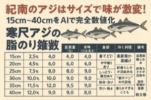 紀南アジは“サイズで選ぶ”のが正解！25〜35cmが脂・旨味・食感の黄金ゾーン 。冬は脂質量が最大化し、尺アジが最強。料理によってサイズを使い分けると、アジの魅力が倍増。釣太郎
