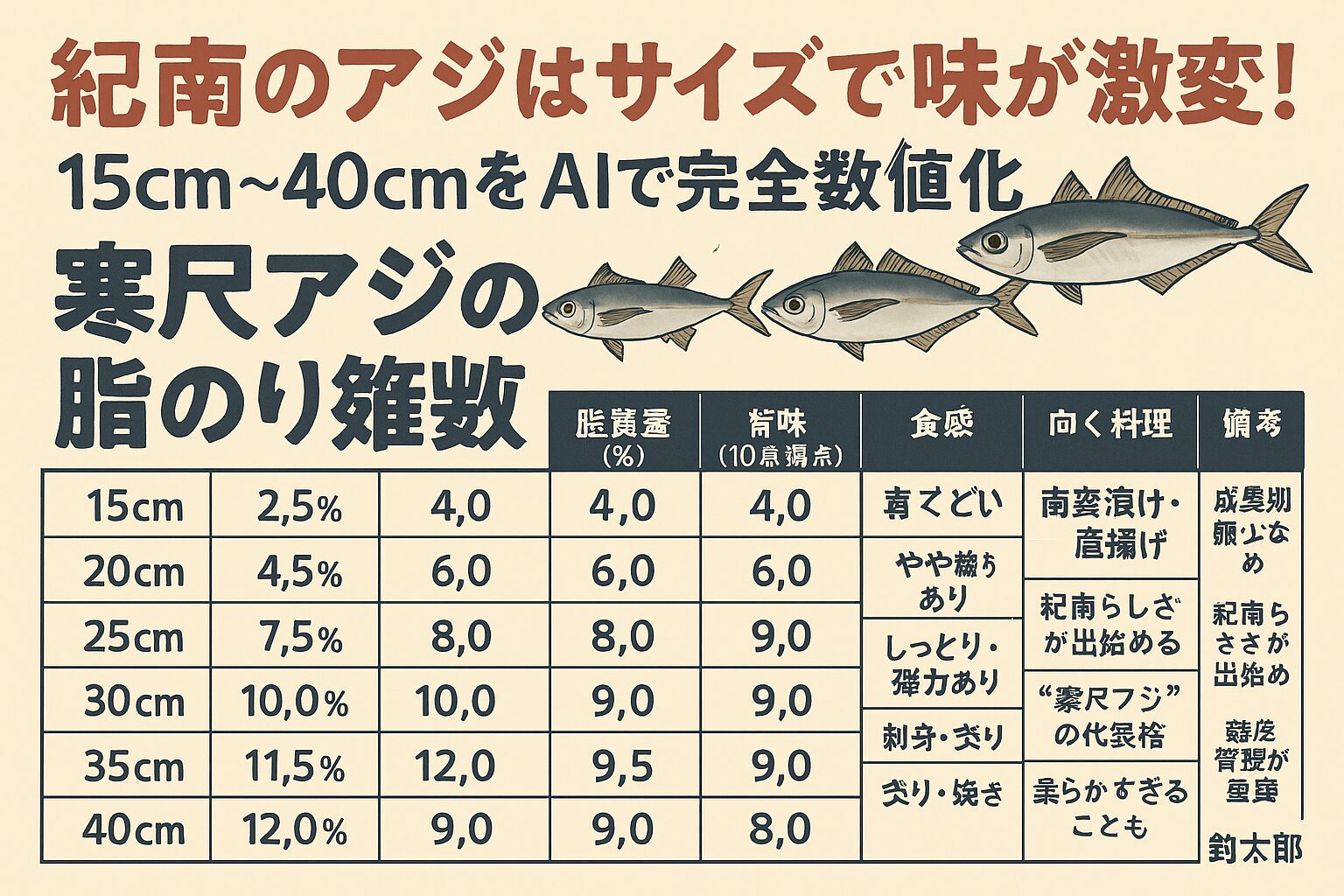 紀南アジは“サイズで選ぶ”のが正解！25〜35cmが脂・旨味・食感の黄金ゾーン 。冬は脂質量が最大化し、尺アジが最強。料理によってサイズを使い分けると、アジの魅力が倍増。釣太郎