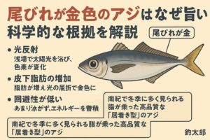 尾びれが金色のアジは“脂の証”突然変異ではなく、脂質蓄積のサイン。南紀では冬季に多く見られ、旨味・脂質ともに最上級.釣太郎