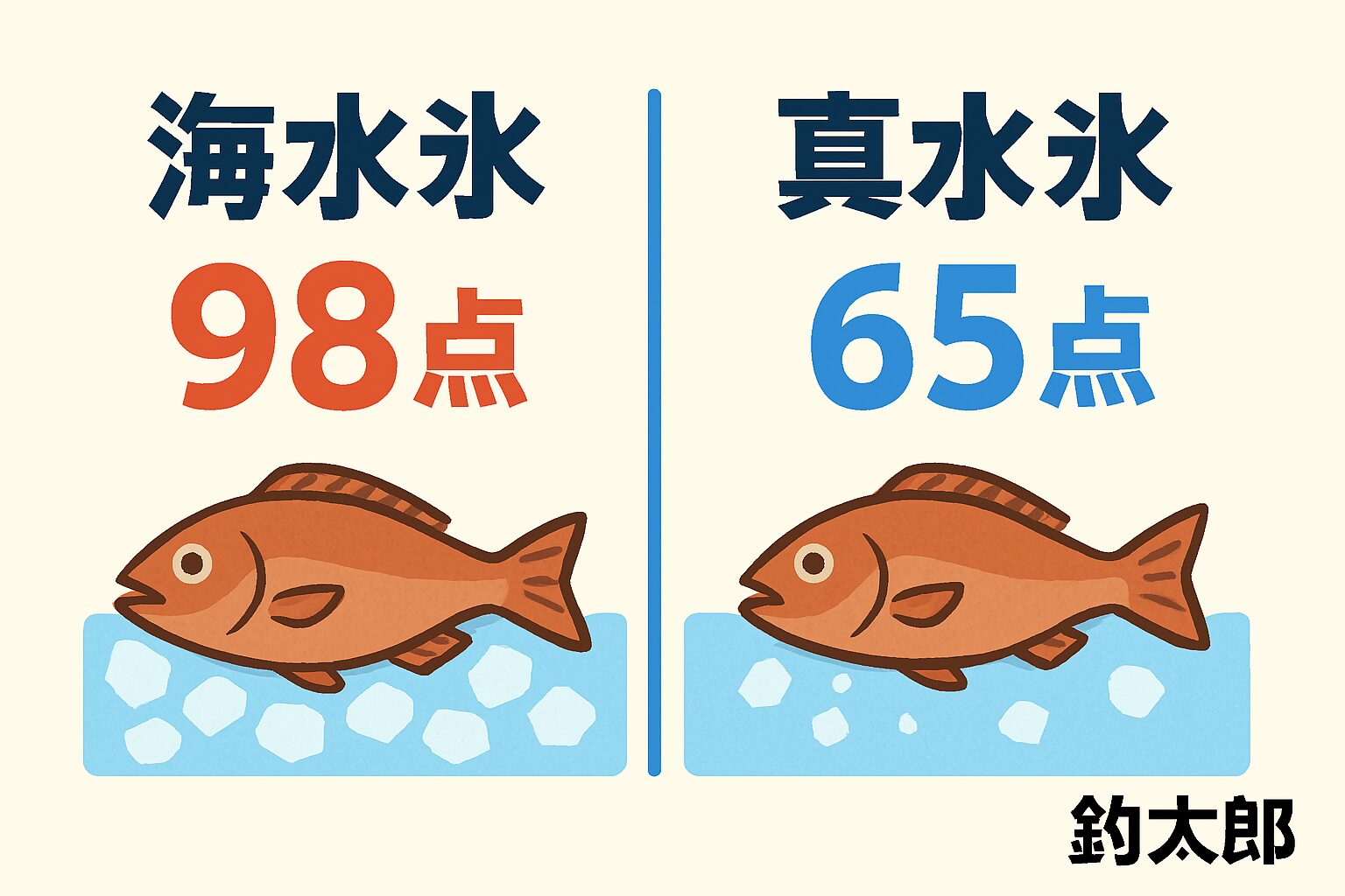 鮮度の差は“氷の選び方”で決まる。同じ氷でも、海水氷：98点／真水氷：65点 という大きな差が出る.釣太郎