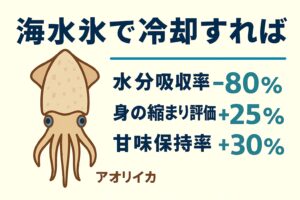 冬季アオリイカは旨味・食感ともに最高潮 。海水氷で冷却することで、水分吸−80％・身の締まり＋25％・甘味保持＋30％。釣太郎