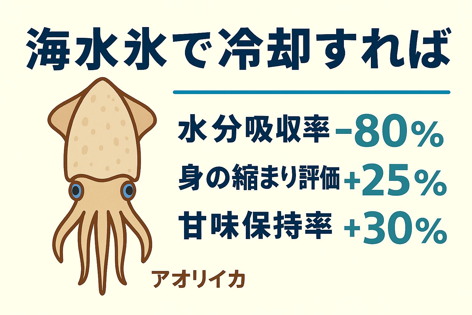 冬季アオリイカは旨味・食感ともに最高潮 。海水氷で冷却することで、水分吸−80％・身の締まり＋25％・甘味保持＋30％。釣太郎