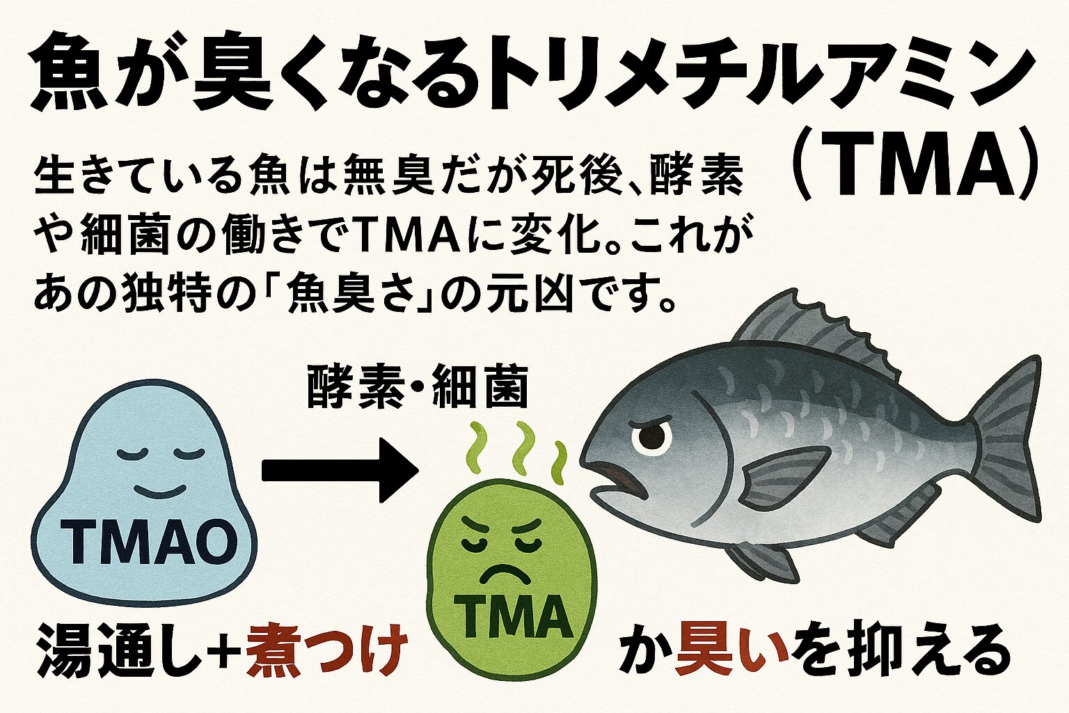 魚が生きている間は、TMAOは安定した状態で存在し、臭いは発生しない。死後、筋肉や内臓に存在する細菌や酵素がTMAOを分解し、TMAが生成される.釣太郎