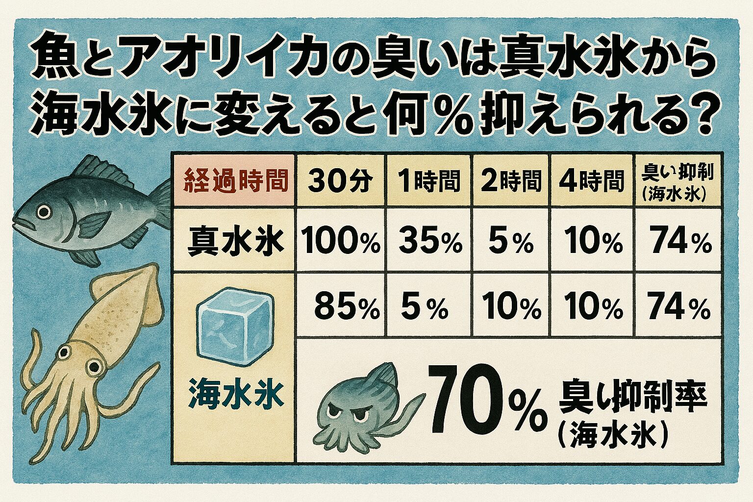 魚の臭い成魚、海水氷は−2.5℃前後で冷却でき、真水氷（0℃）よりも冷却速度が約1.8倍速い。これにより、細菌や酵素の活動を早期に抑制できる。釣太郎