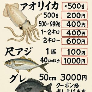 和歌山・みなべ＆白浜で釣った魚を高価買取！アオリイカ500g未満100円〜2kg超600円！尺アジ・50cmグレもクーポン進呈 。釣太郎