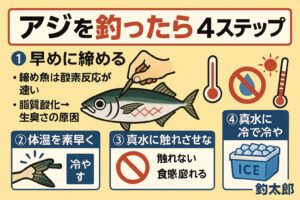 アジは「釣った後の処理」で味が決まる魚。 締め・冷却・海水氷・真水回避の4ステップを守るだけで、刺身の旨さが劇的に変わります。釣太郎