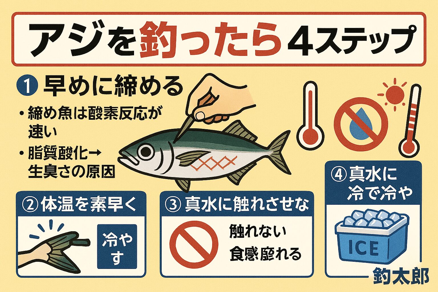 アジは「釣った後の処理」で味が決まる魚。 締め・冷却・海水氷・真水回避の4ステップを守るだけで、刺身の旨さが劇的に変わります。釣太郎