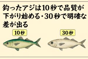 アジは釣った瞬間から、酸欠、ATP消費、乳酸蓄積、血液酸化、が始まり、10秒で劣化、30秒で味に差が出る魚。釣太郎
