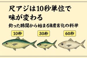 尺アジは“釣った後の10秒”が勝負。尺アジは釣った瞬間から、酸欠、ATP消費、乳酸蓄積、血液酸化が始まり、10秒単位で味が変わるほど繊細な魚。釣太郎
