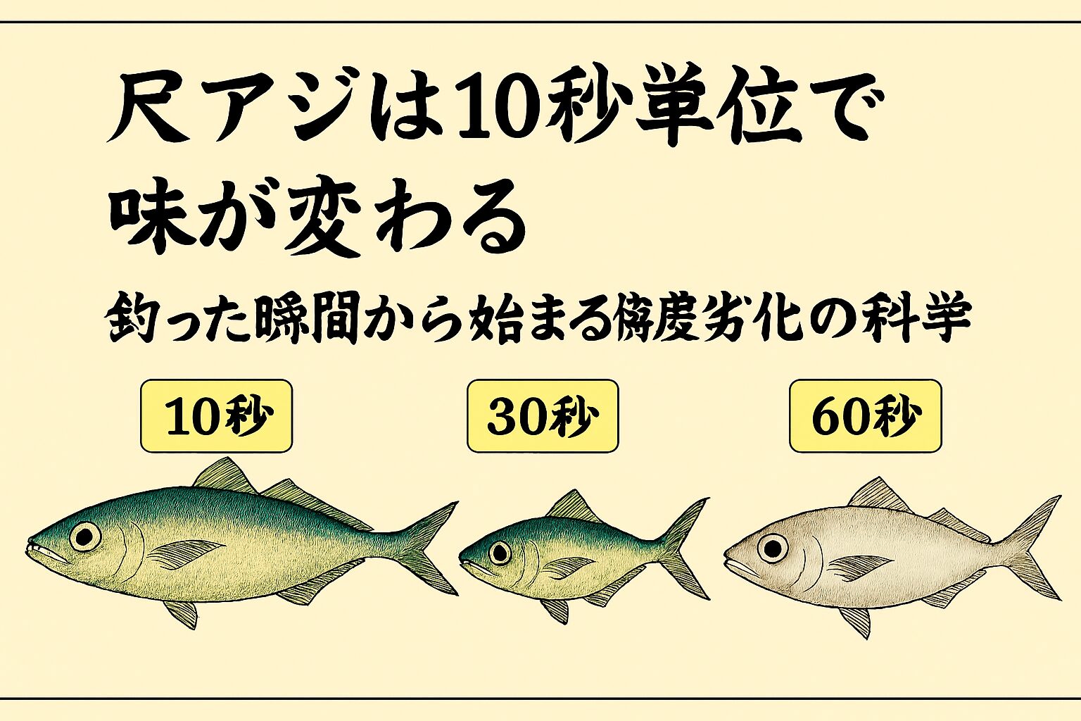 尺アジは“釣った後の10秒”が勝負。尺アジは釣った瞬間から、酸欠、ATP消費、乳酸蓄積、血液酸化が始まり、10秒単位で味が変わるほど繊細な魚。釣太郎