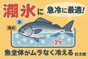 潮氷（氷＋海水）は、 “魚を最速で冷やし、傷つけず、鮮度を最大化する” という点で最強の冷却方法。釣太郎