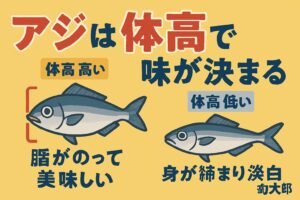 アジの美味しさは、単なるサイズではなく、体高＝脂のり＝味の濃さに直結。体高が高い → 居着き型 → 脂がのって美味しい。体高が低い → 回遊型 → 身が締まって淡白.釣太郎