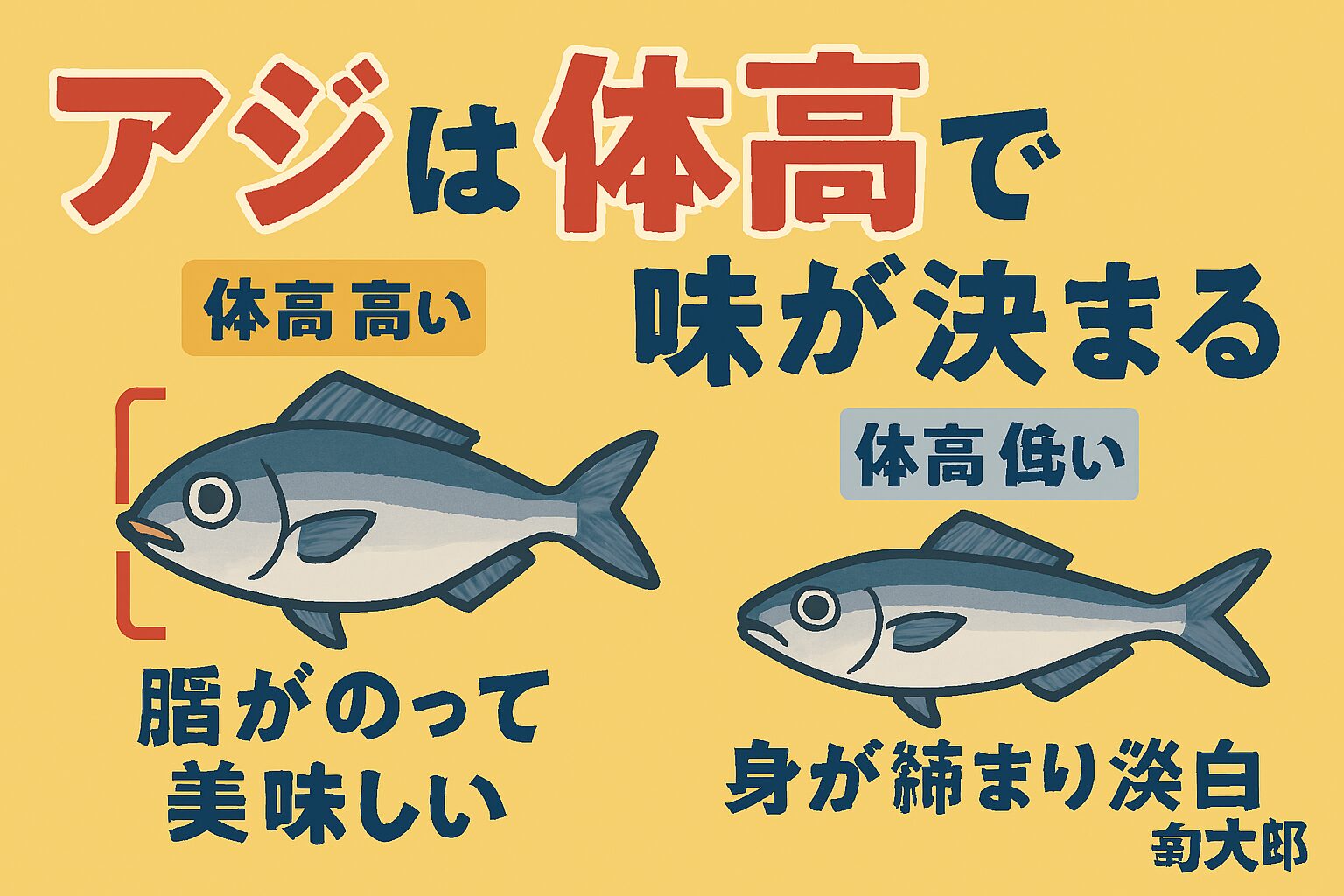 アジの美味しさは、単なるサイズではなく、体高＝脂のり＝味の濃さに直結。体高が高い → 居着き型 → 脂がのって美味しい。体高が低い → 回遊型 → 身が締まって淡白.釣太郎