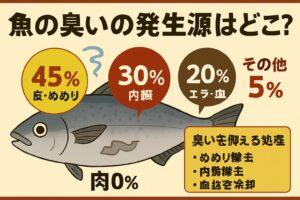 魚の臭い物質は、臭いの原因物質。トリメチルアミン：死後に分解されて発生する強烈な生臭さの主因 。アンモニア・硫化水素：内臓や血液由来の腐敗臭。酸化脂質：皮や筋肉の脂が酸化して油臭。釣太郎