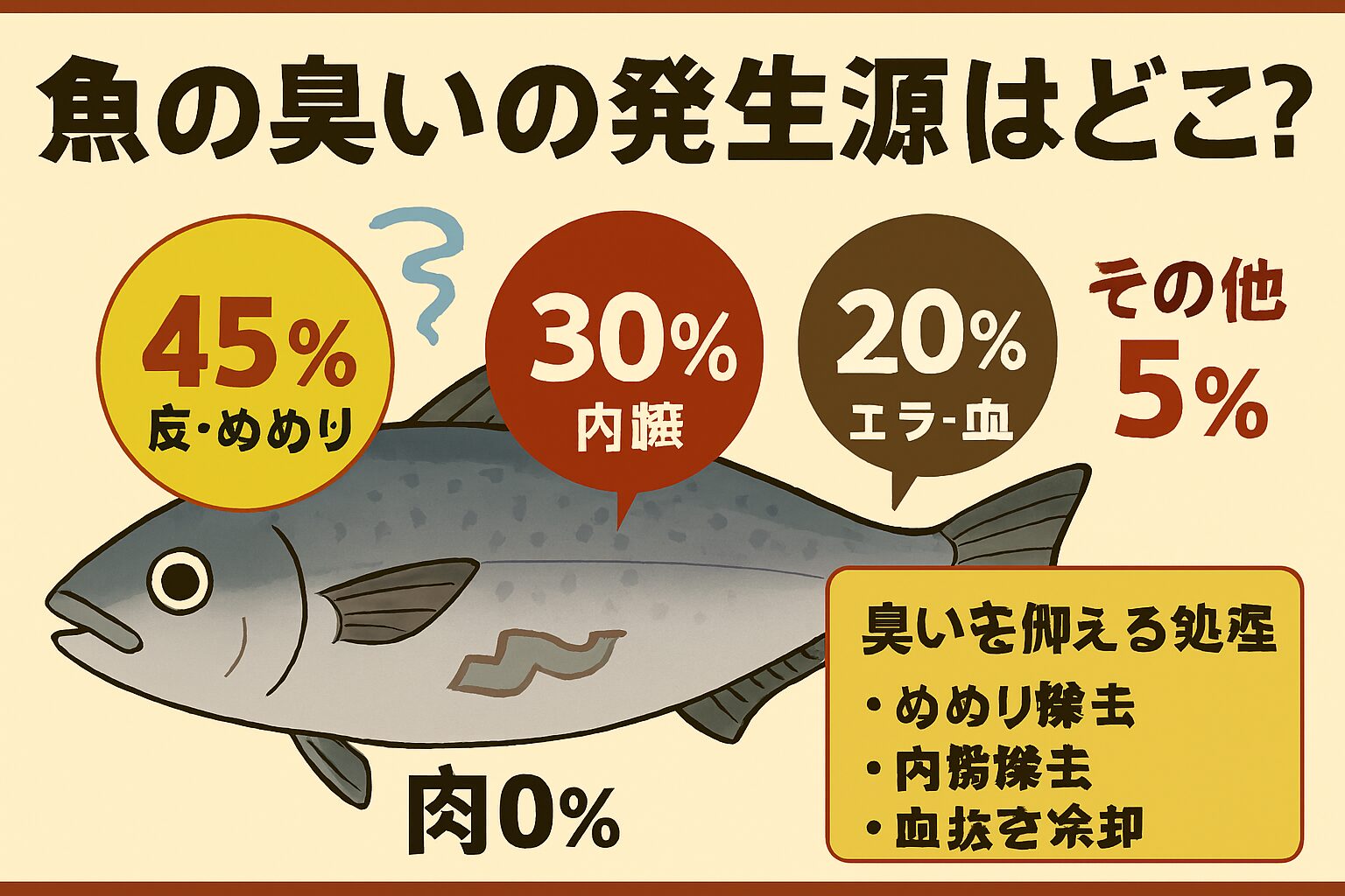 魚の臭い物質は、臭いの原因物質。トリメチルアミン：死後に分解されて発生する強烈な生臭さの主因 。アンモニア・硫化水素：内臓や血液由来の腐敗臭。酸化脂質：皮や筋肉の脂が酸化して油臭。釣太郎