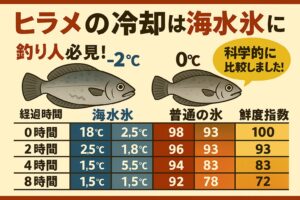 ヒラメは「海水氷一択」海水氷：90、普通氷：72。刺身の味・食感・匂い・色、すべてに差が出ます。特にヒラメは冷却方法の差がそのまま“味の差”になる魚。釣太郎