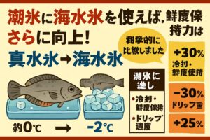 潮氷に海水氷を使えば鮮度はワンランク上がる！潮氷はすでに優れた冷却法ですが、氷を海水氷に変えるだけで、冷却力・鮮度保持・味の質が劇的に向上します。釣太郎