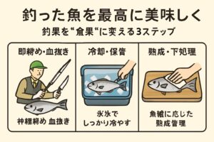 魚は釣り上げられると強いストレスを感じます。このストレスが筋肉に乳酸を蓄積させ、身の劣化を早める原因になる。釣太郎