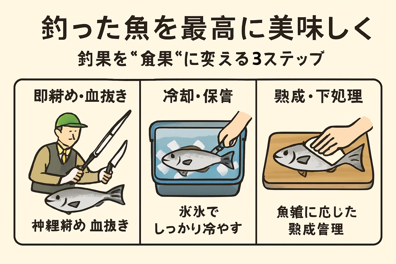 魚は釣り上げられると強いストレスを感じます。このストレスが筋肉に乳酸を蓄積させ、身の劣化を早める原因になる。釣太郎