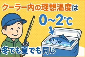 季節に関係なくクーラー内の温度を「0〜2℃」に保つことが鉄則です。これが魚を惜しく食べるコツ。釣太郎