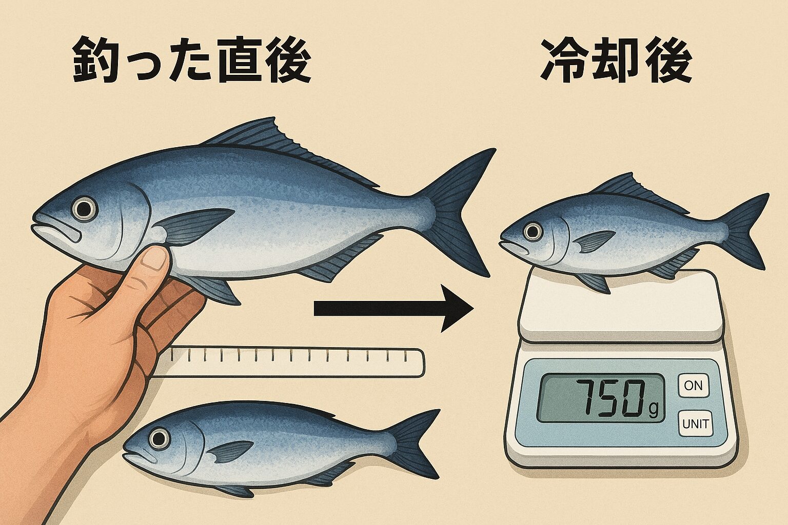 魚は冷やすと数％〜10％ほど縮む。原因は水分減少・筋肉の収縮・処理による体積変化。魚種によって縮み幅は異なる。釣太郎