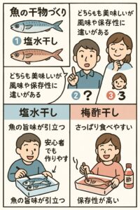魚の干物作り、素材の味を楽しみたい → 塩水干し✔ さっぱり食べたい・臭みを抑えたい → 梅酢干し✔ 保存性を重視 → 梅酢干し。釣太郎