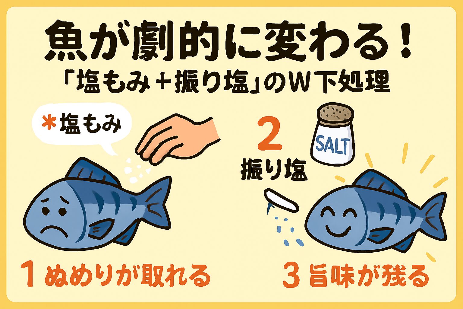 魚料理、塩もみでぬめり・雑菌・血を除去。 振り塩で臭み成分を引き出し、旨味を閉じ込める。釣太郎