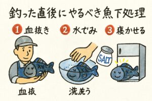 釣った直後の「5分」がすべてを変える！脳締め（即殺） 血抜き（フリフリ最強） 神経締め。 即潮氷冷却 帰宅後ぬめり・内臓処理＋塩もみ。釣太郎