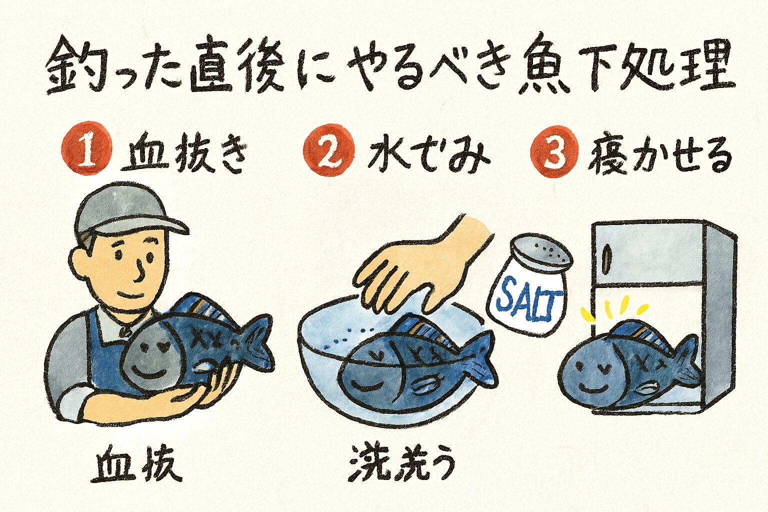 釣った直後の「5分」がすべてを変える！脳締め（即殺） 血抜き（フリフリ最強） 神経締め。 即潮氷冷却 帰宅後ぬめり・内臓処理＋塩もみ。釣太郎