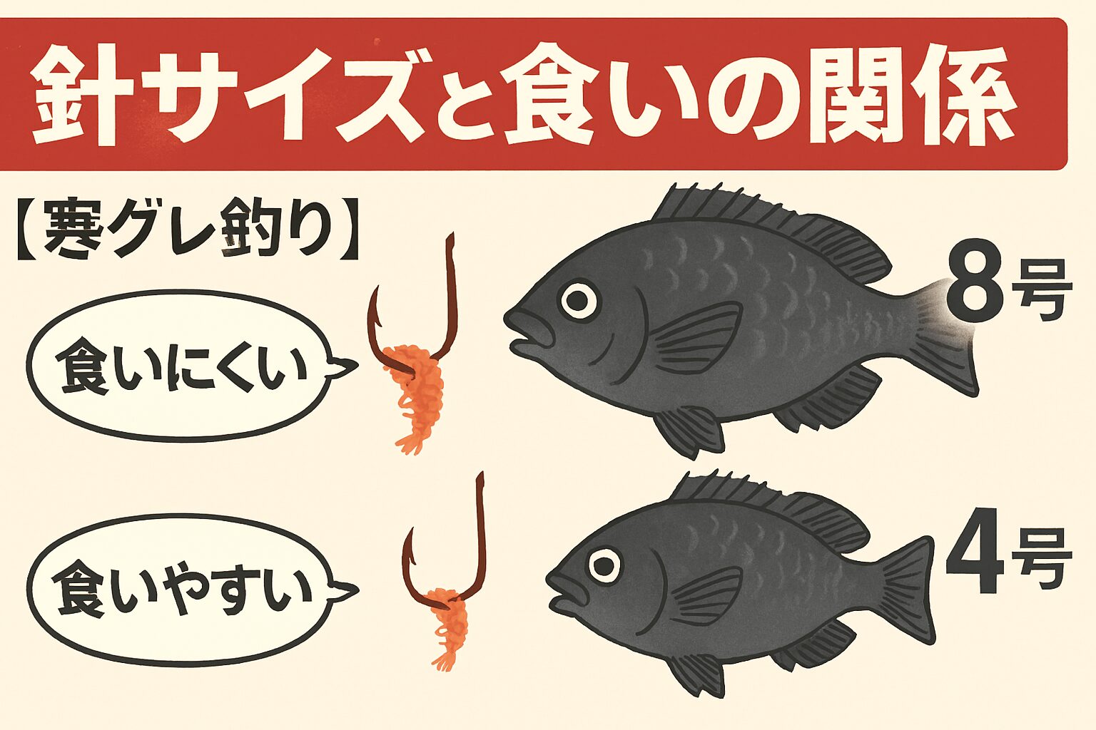 寒グレ釣りは針の号数＝数字の違いではない。それは違和感の出る速さ・吸い込みやすさ・掛かってからの信頼度。すべてを左右する。釣太郎