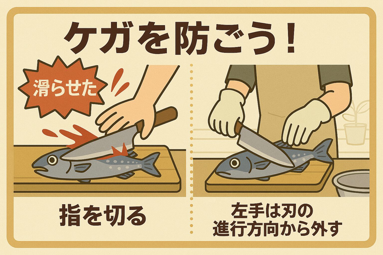 魚をさばくときのケガは、「滑る」と「手の位置」が原因のほとんど。 つまり、滑らせず、刃の進行方向に手を置かないだけで、ケガのリスクは大幅に減らせます。釣太郎