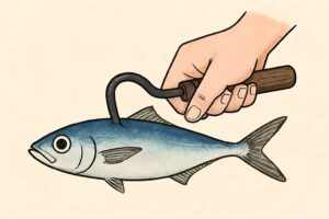手カギは昔の魚屋の象徴・今は衛生と安全で消えた・刺す＝商品価値ダウン・機械化で不要になった・文化として残っているだけ。釣太郎