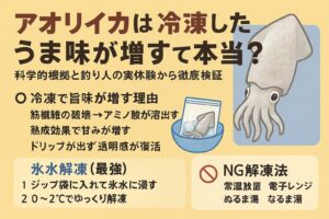 冷凍アオリイカは“進化系”食材。冷凍で筋繊維が壊れ、旨味が増す。熟成効果で甘みが濃くなる。アニサキス対策にも有効。解凍法次第で刺身にも使える。釣太郎