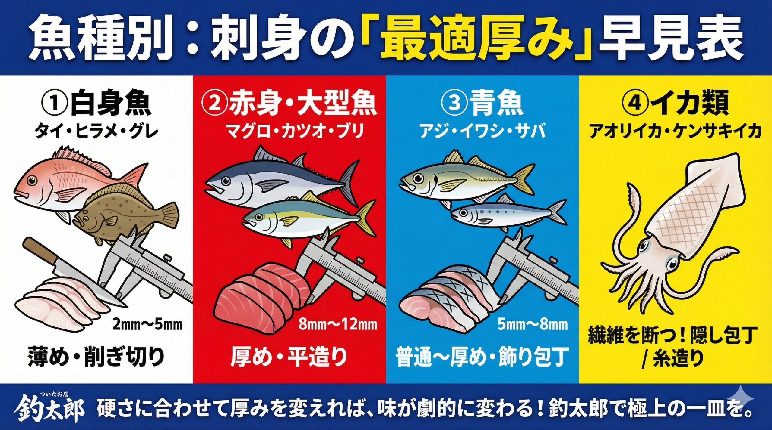 「タイは薄く、マグロは厚く」魚の刺身の幅、厚みの最適解紹介。釣太郎