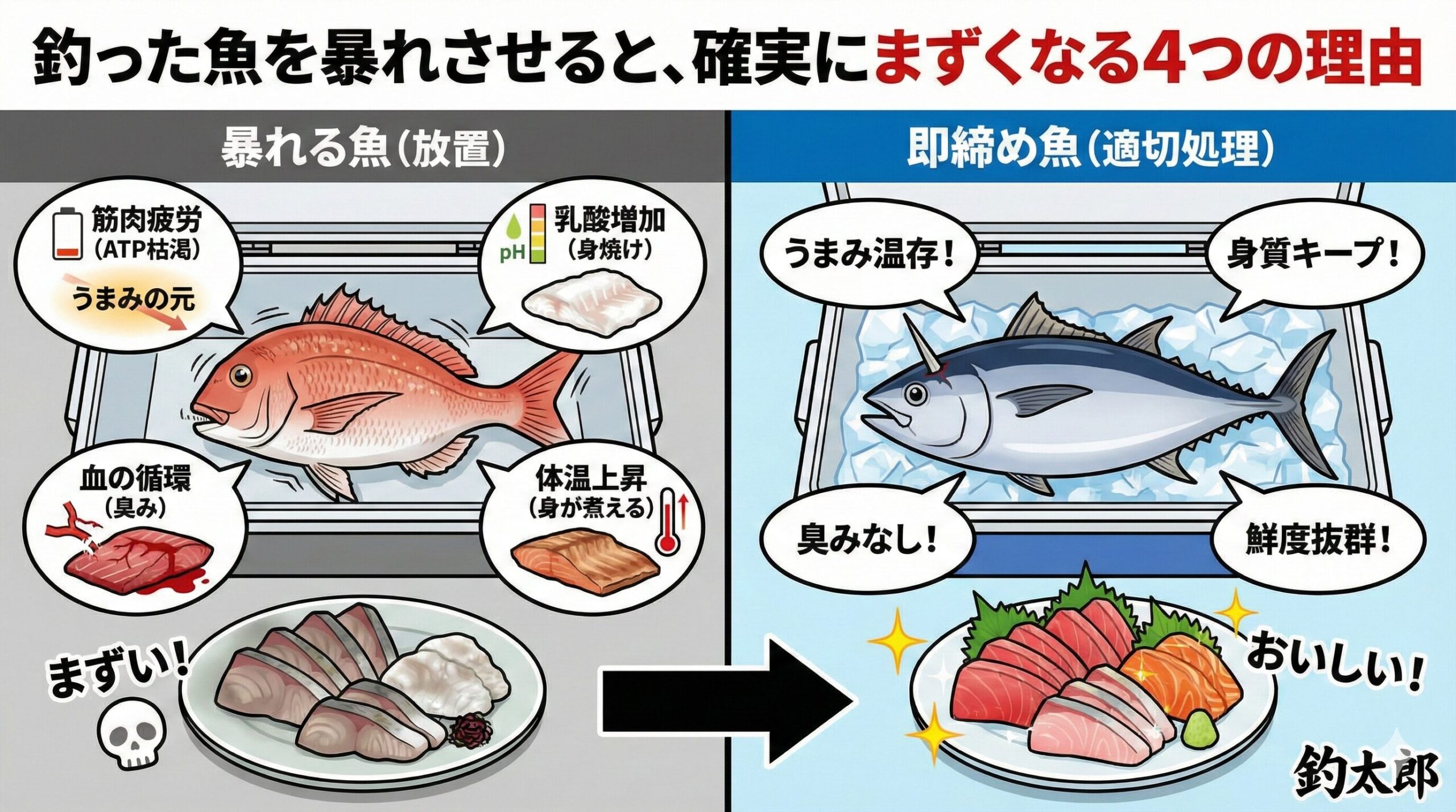 魚を暴れさせることは、品質劣化し味が落ちる。理由はATP消費（うまみ消失）乳酸蓄積（身質の劣化）うっ血（臭みと腐敗）体温上昇（身の変性）。釣太郎