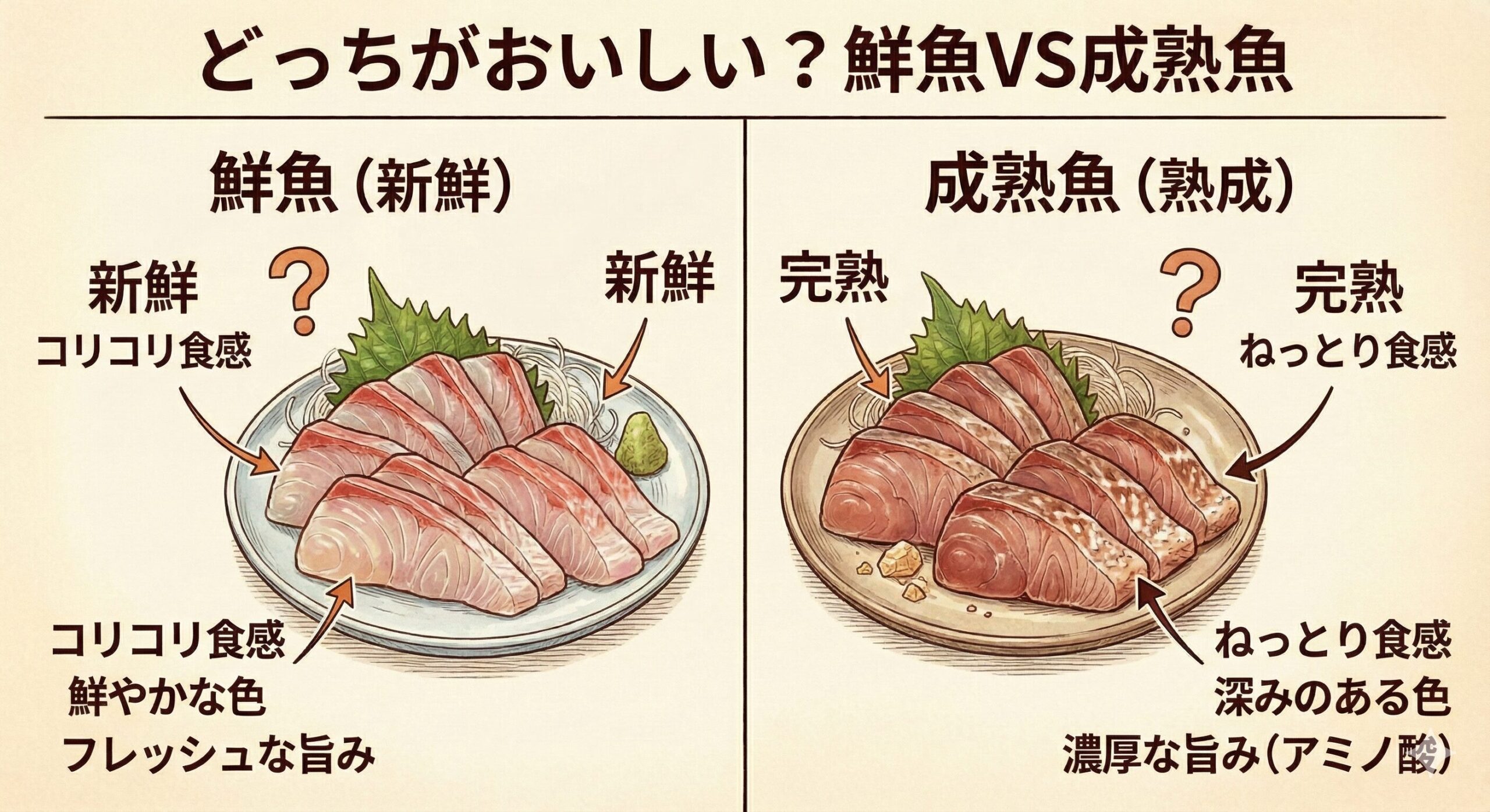 鮮魚対成熟魚。どちらが美味しい？コリコリ感・爽やかさが好き！ → 新鮮至上主義 。熟成派。釣太郎
