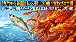 冬のヤエン釣り、頭を約30度上げた「瀕死の状態」を演出することで、低活性なイカの捕食スイッチがONする。釣太郎