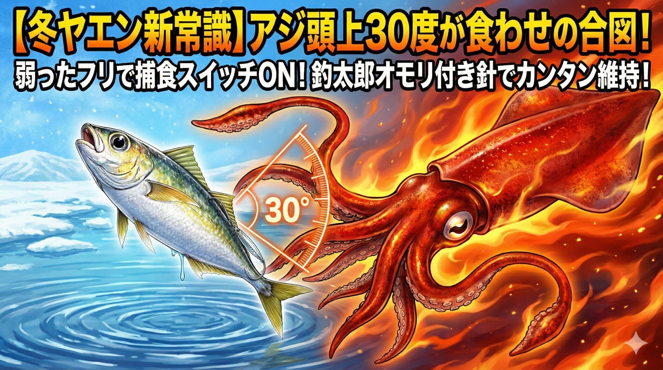 冬のヤエン釣り、頭を約30度上げた「瀕死の状態」を演出することで、低活性なイカの捕食スイッチがONする。釣太郎