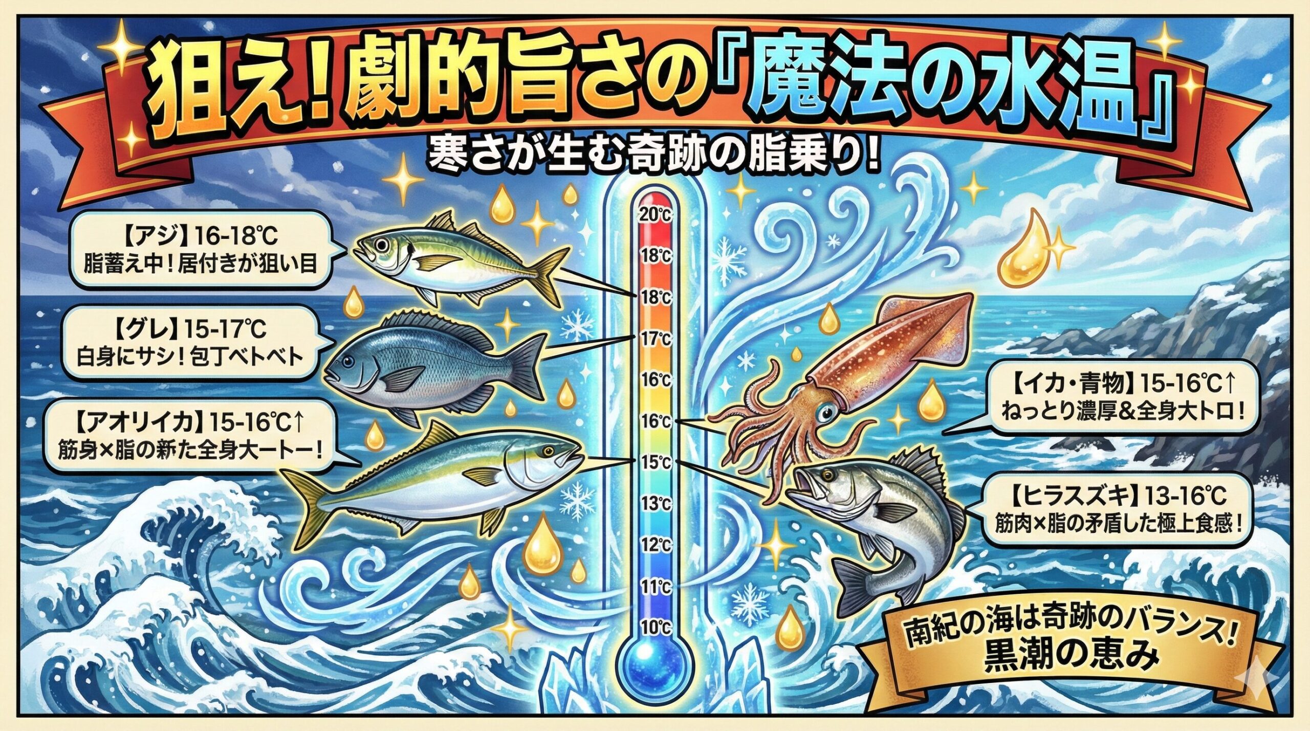 和歌山・南紀は黒潮の影響を強く受けるため、真冬でも水温が15℃～16℃で安定することがあります。釣太郎