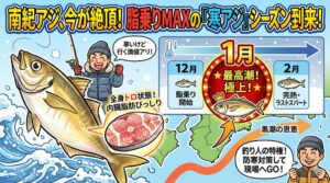 南紀のアジは「1月」が脂のピーク！産卵前の「荒食い」と脂肪蓄積と黒潮の恩恵と水温の魔法が理由。釣太郎